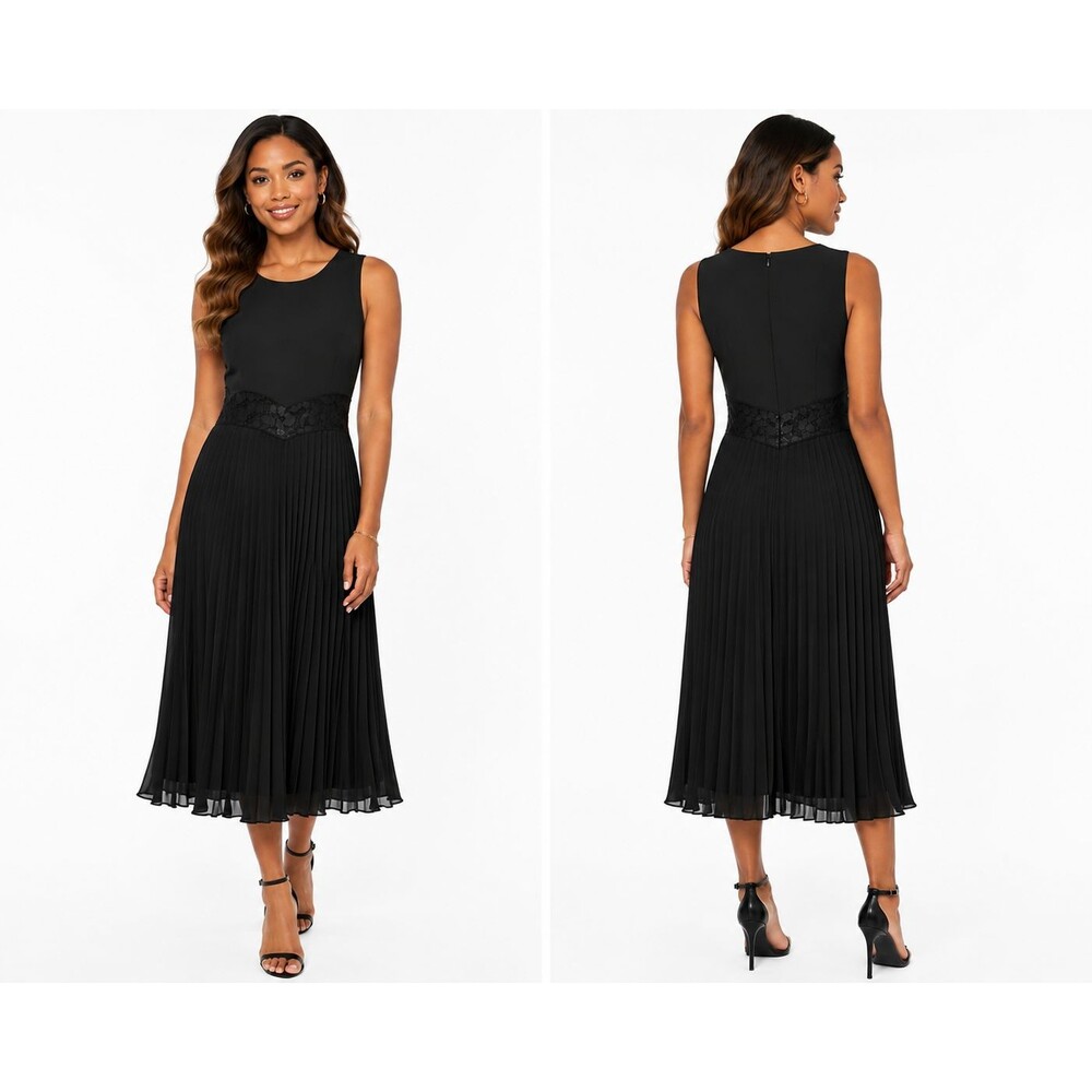 French Connection Black Pleated Midi Dress Lace Waist Sleeveless Women's US 4